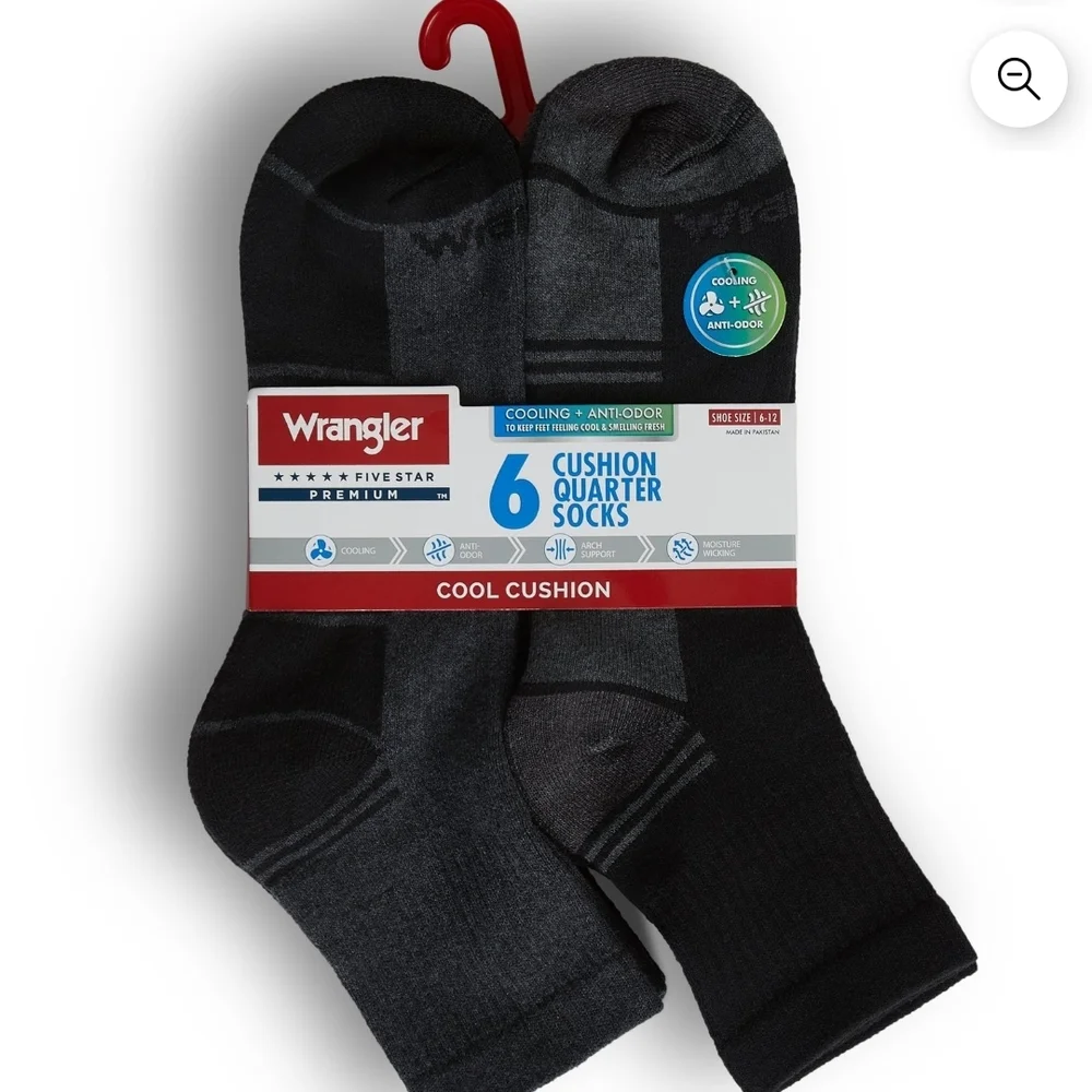 Wrangler Men's Gray and Black Cushion Quarter Socks 6 Pairs Size 6-12